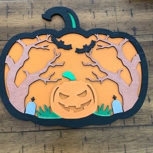 Hand Crafted Wooden "Halloween Pumpkin Graveyard " Door Hanger Laser Cut